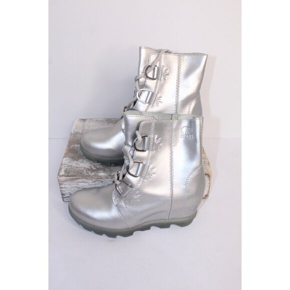 Sorel Disney Frozen Youth Ankle Boots Girls 3 Silver Leather Lace Up Wedge Heel - Picture 3 of 12